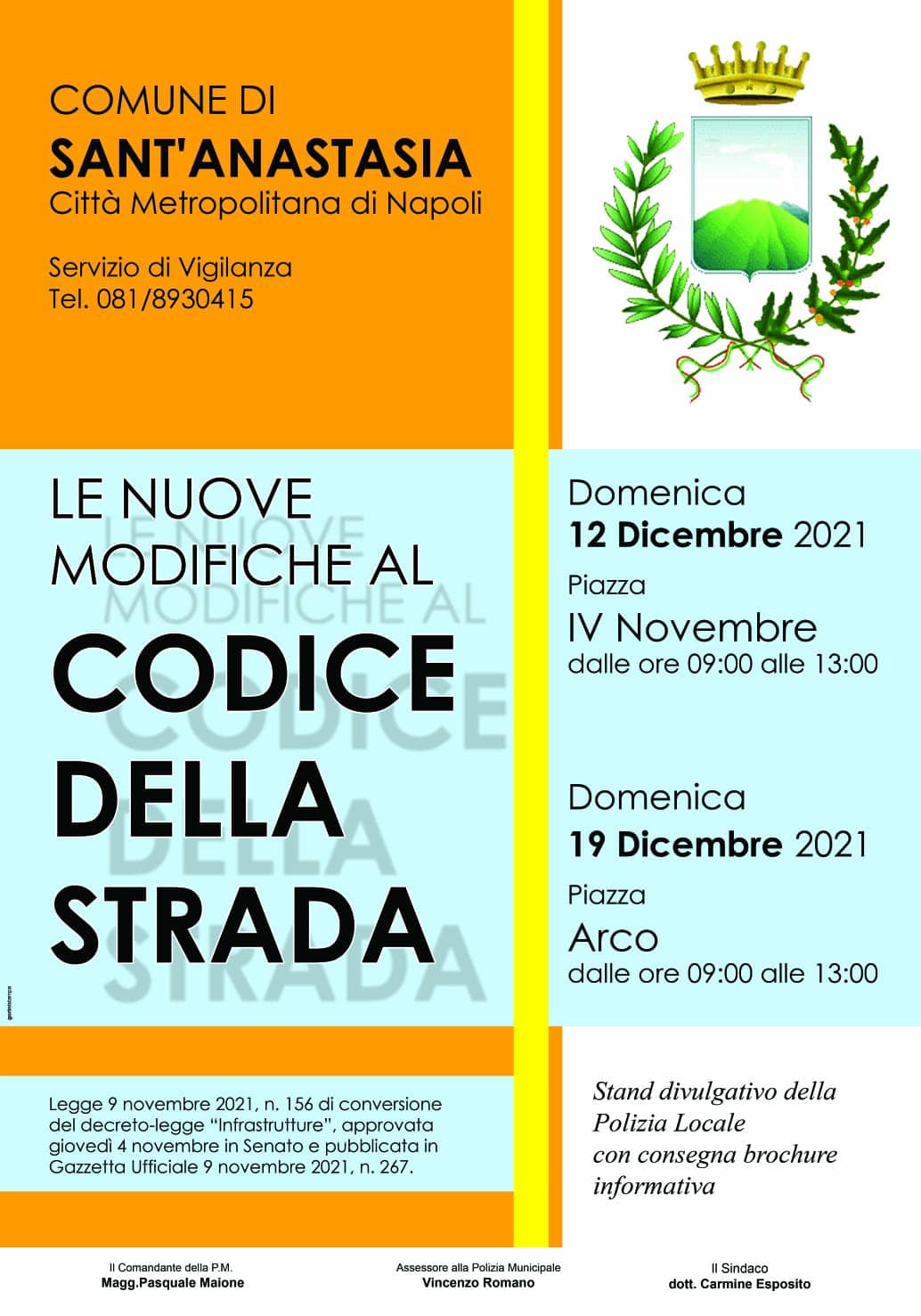 Sant’Anastasia. Miniriforma Codice della Strada: domenica prossima a Piazza Arco stands divulgativi  del Comune