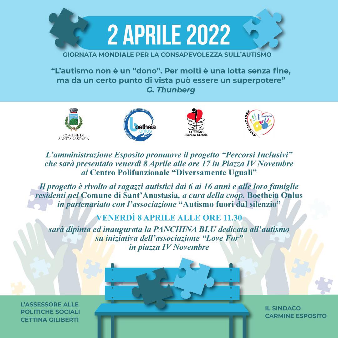 Sant’Anastasia. Sabato 2 aprile si inaugura la “Panchina Blu” per  la Giornata Mondiale per la consapevolezza