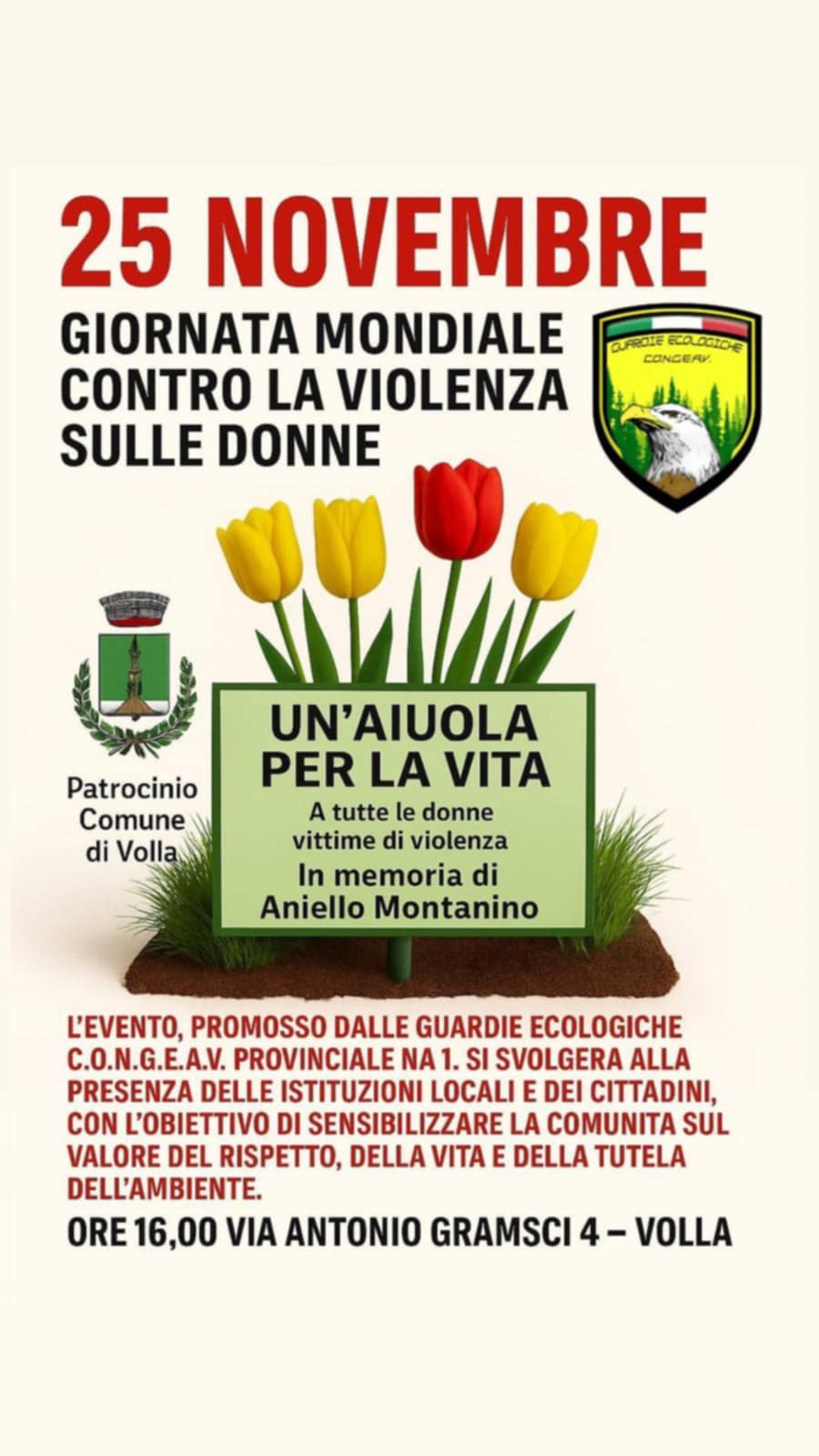 Volla. “Un’aiuola per la vita”, iniziativa CO.N.G.E.A.V. Provinciale NA1 per il 25 novembre. Sarà inaugurata una targa ad Aniello Montanino, giovane guardia ecologica da poco  scomparsa