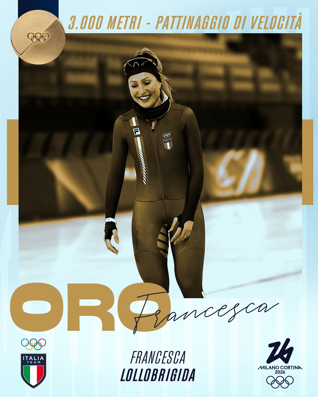 Milano Cortina 2026. Francesca Lollobrigida si tinge d’oro. Domina i 3000 metri di pattinaggio velocità. Primo oro per l’Italia